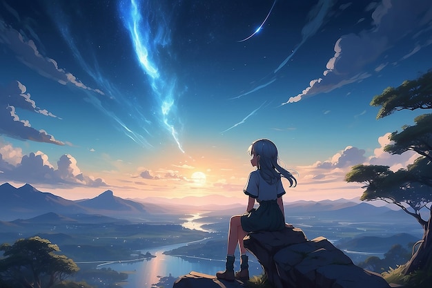 Un'opera d'arte digitale di una ragazza anime di fantasia solitaria che fissa il cielo