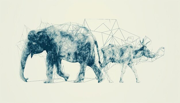 un'opera d'arte minimalista astratta che mostra l'interconnessione della fauna selvatica