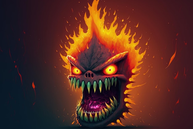 Un'opera d'arte raffigura la testa di un mostro con denti scoperti e fiamme
