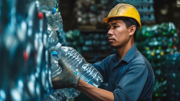 Un operaio che lavora in un impianto di riciclaggio tiene bottiglie e compresse di plastica per smaltire e riciclare bottiglie di plastica in un piccolo impianto di rifiuti