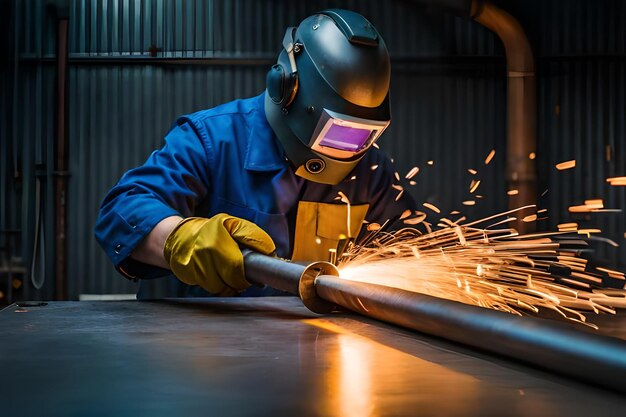 un operaio che salda tubi di metallo in una fabbrica.