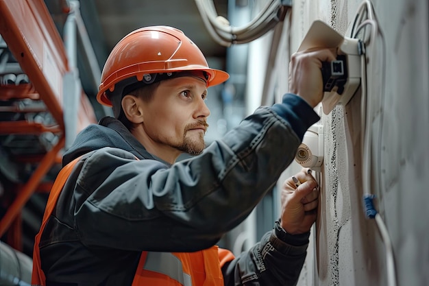 Un operaio con un casco rigido installa una telecamera nella sala di produzione