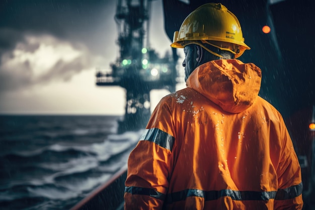 Un operaio con una giacca di sicurezza arancione guarda una piattaforma petrolifera.
