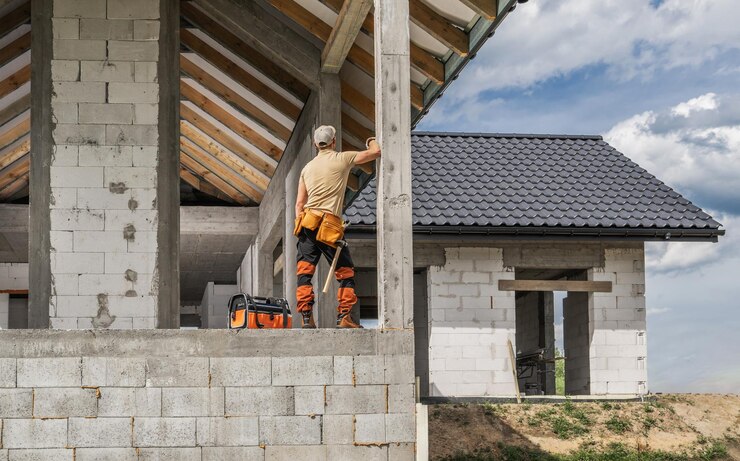 Foto un operaio del cantiere e la nuova casa di mattoni di cemento