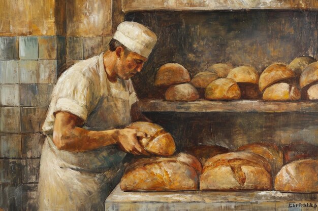 un operaio del forno che prepara diversi pane
