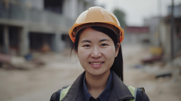 Un operaio di costruzione femminile cinese sorridente che sta nel cantiere