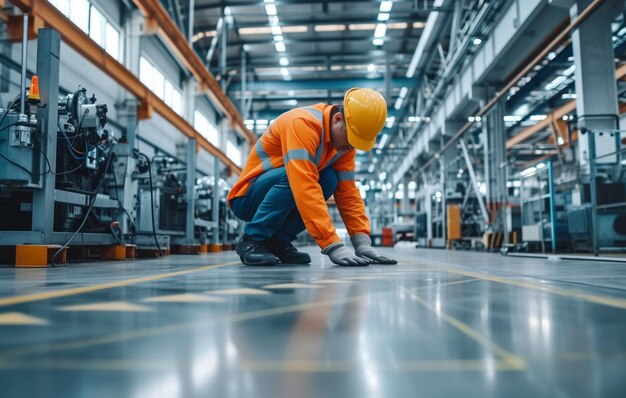 un operaio di fabbrica con un casco duro e un ingegnere sul pavimento