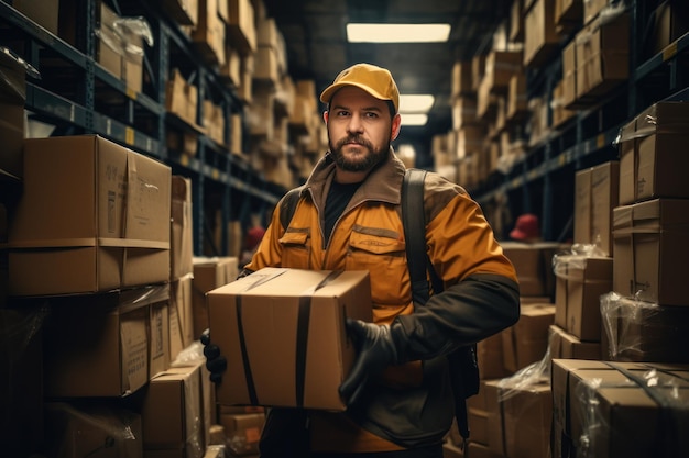 Un operaio di magazzino in giubbotto si trova sullo sfondo di un magazzino con una scatola in mano