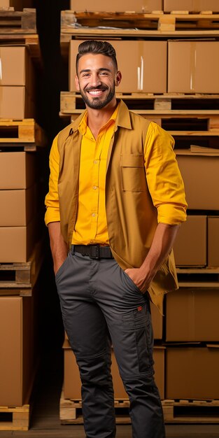 Un operaio di magazzino isolato su un'illustrazione a sfondo giallo