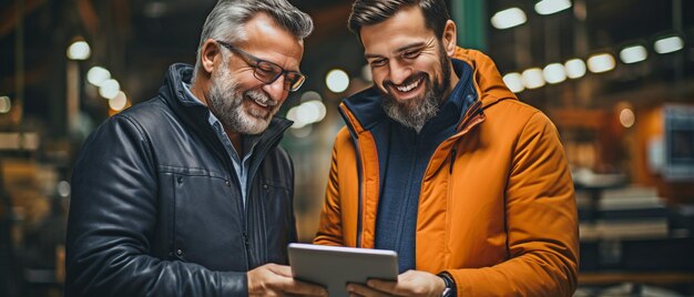 un operaio e un uomo d'affari che usano un tablet in una fabbrica