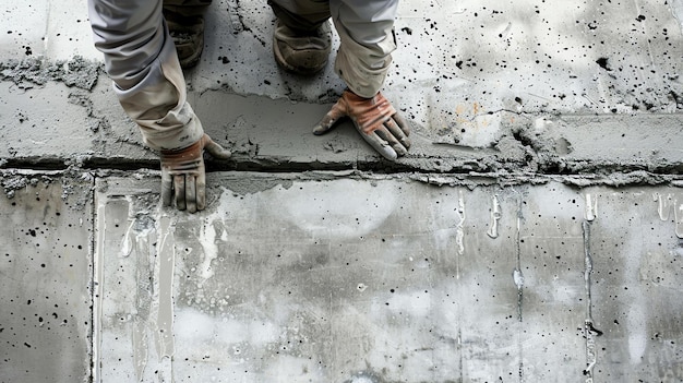 Un operaio edile che indossa guanti e ginocchiole sta applicando la malta a un muro di cemento