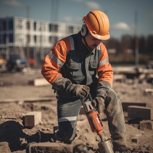 Un operaio edile che indossa un casco arancione e pantaloni arancioni e grigi con un grosso trapano in mano.