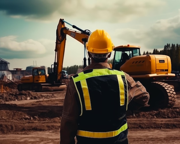 Un operaio edile che indossa un elmetto giallo e un giubbotto di sicurezza giallo si trova di fronte a un cantiere con un escavatore giallo.
