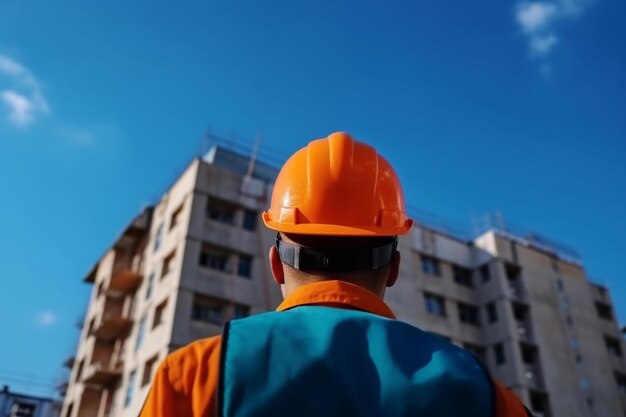 Un operaio edile che indossa un elmetto guarda un edificio sotto un cielo blu.