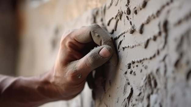 Un operaio edile che intoncia cemento su un muro che lavora sodo