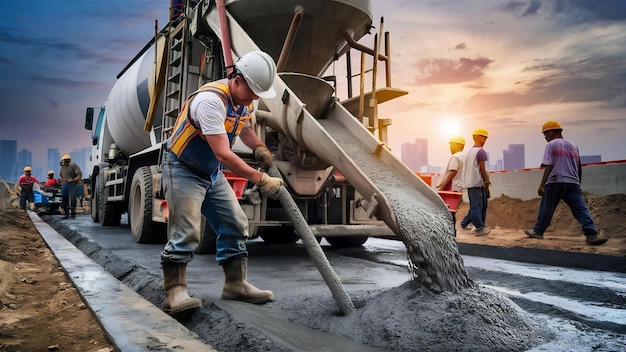 Un operaio edile che versa un cemento bagnato sul cantiere stradale