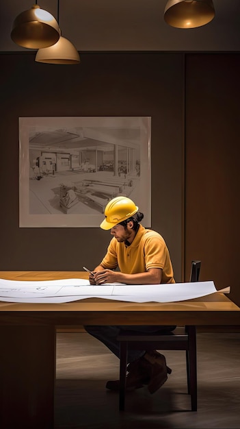 Un operaio edile è seduto in un ufficio moderno con in mano un piano di costruzione