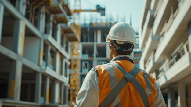 Un operaio edile fissa un cantiere contemplando la giornata di lavoro