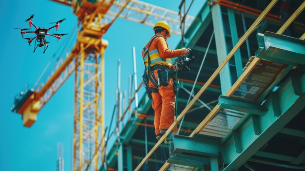 Un operaio edile si trova in piedi su una scala in cima a un edificio