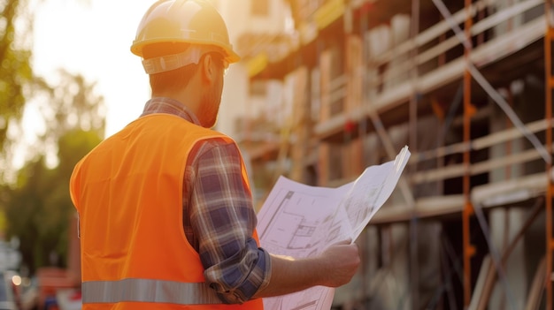 Un operaio edile sta guardando un progetto in un cantiere di costruzione