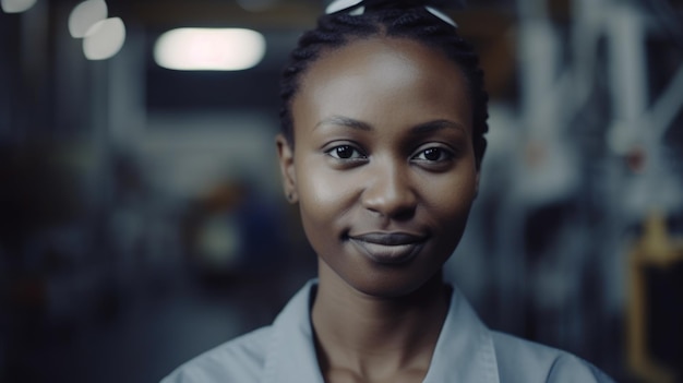 Un operaio elettronico femminile africano sorridente che sta nella fabbrica