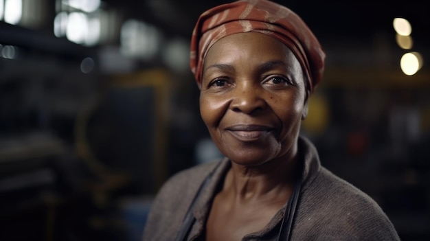 Un operaio femminile africano maggiore sorridente che sta nella fabbrica della lamiera sottile