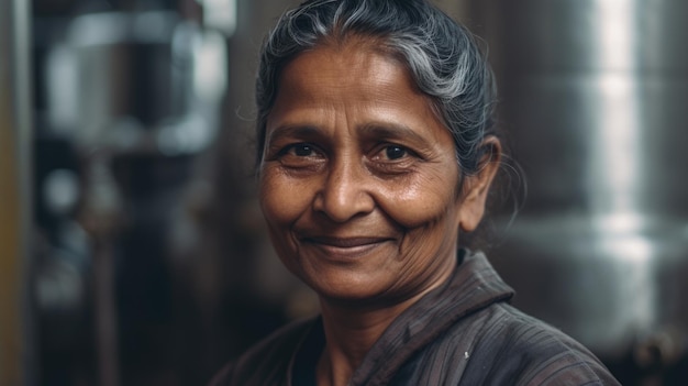 Un operaio femminile indiano senior sorridente che sta nella pianta della raffineria di petrolio