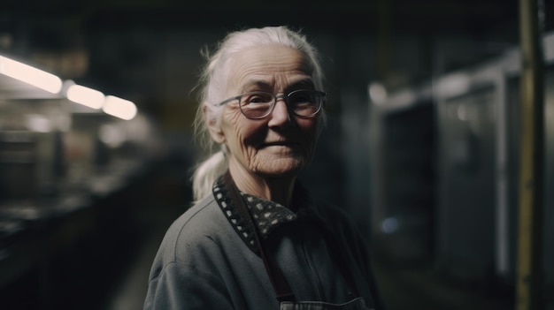 Un operaio femminile svedese senior sorridente che sta nella fabbrica della lamiera