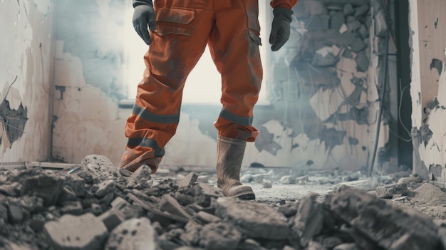 Un operaio in mezzo alla distruzione in piedi in un cantiere devastato