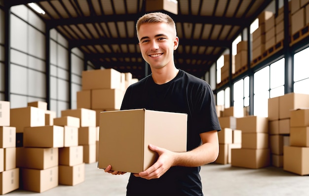 Un operaio in un magazzino tiene una scatola di cartone un bel uomo al lavoro nell'industria logistica il caricatore al lavoro IA generativa