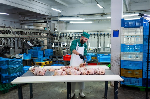 Un operaio in una fabbrica taglia il pollo