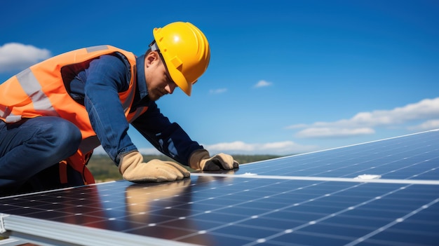 Un operaio installa un pannello solare sul tetto della casa