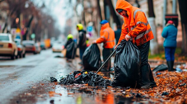 Un operaio raccoglie sacchetti di spazzatura per strada