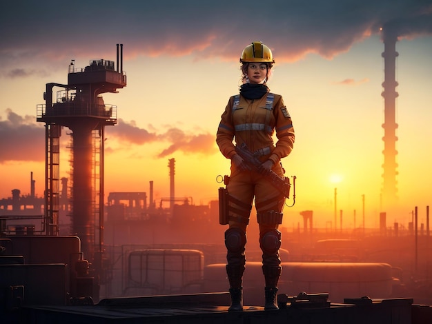 un operatore in piedi di fronte all'industria al tramonto