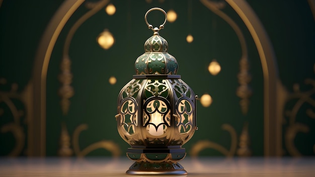 Un opulento rendering 3D della decorazione islamica con una mezzaluna lanterna