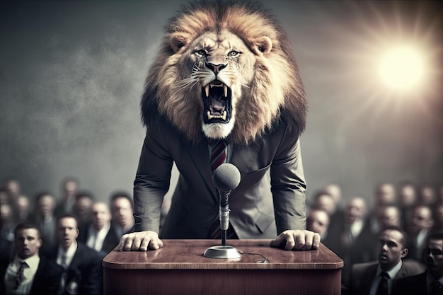 Un oratore leone arrabbiato su un podio con un microfono su un gruppo di persone