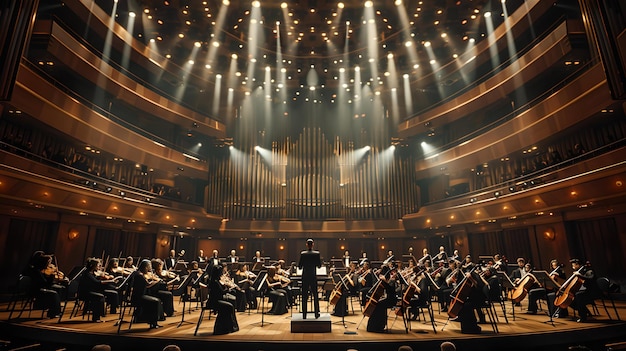 Un'orchestra di musica classica che si esibisce in una grande sala da concerto musicisti con strumenti sul palco uno splendido evento culturale AI