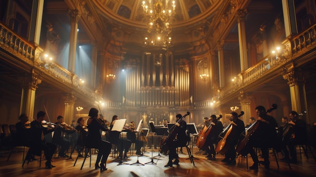 Un'orchestra sinfonica esegue un'esibizione appassionata in una grande sala da concerto