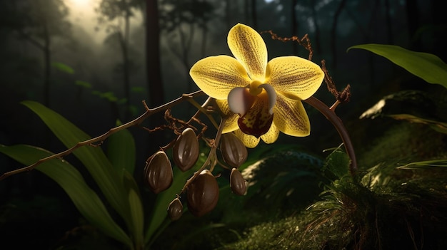 Un'orchidea gialla nella foresta con uno sfondo scuro