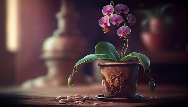 Un'orchidea in un vaso marrone con dentro un fiore.