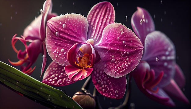 Un'orchidea rosa con gocce d'acqua su di essa