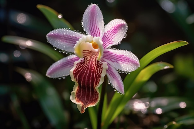 Un'orchidea viola con sopra le gocce di pioggia