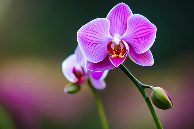 Un'orchidea viola con un centro rosso e un centro giallo.