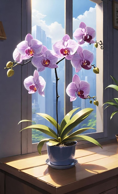 un'orchidea viola con un fiore viola in un vaso blu