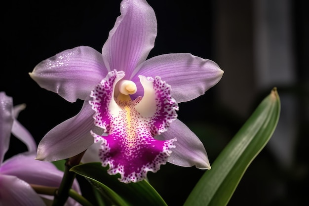 Un'orchidea viola con una macchia bianca al centro.