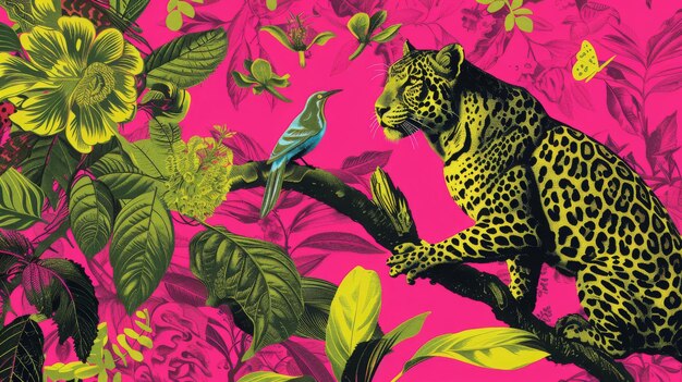 Un organismo felide un leopardo è appoggiato su un ramo d'albero con un piccolo uccello