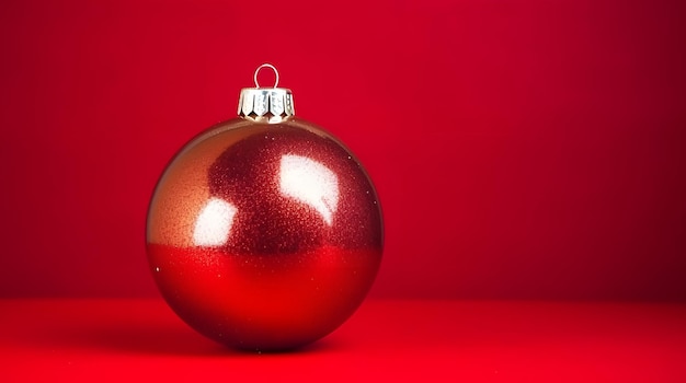 Un ornamento natalizio con luccichio d'oro su uno sfondo rosso solido