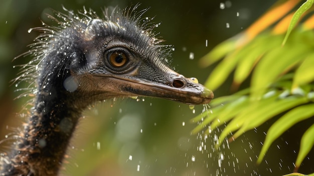 Un ornithomimus piumato fa una pausa dal suo sprint mattutino per rinfrescarsi con poche gocce di