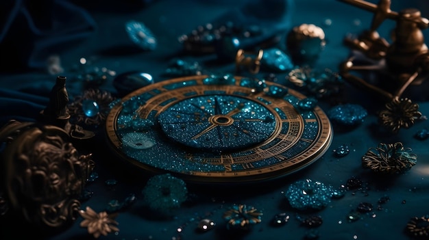 Un orologio blu e oro si trova su un tavolo con uno sfondo blu e una bussola d'oro.