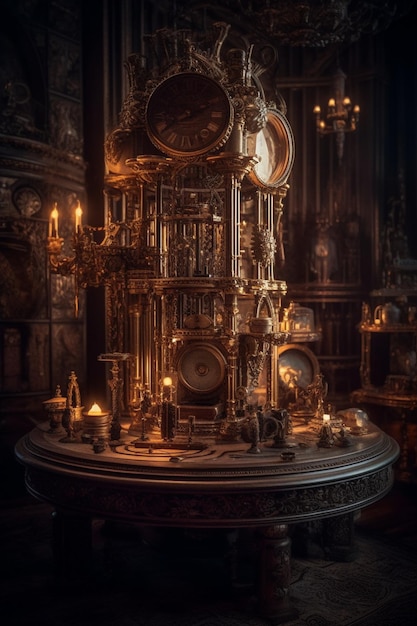 Un orologio che si trova su un tavolo con un lampadario e una lampada